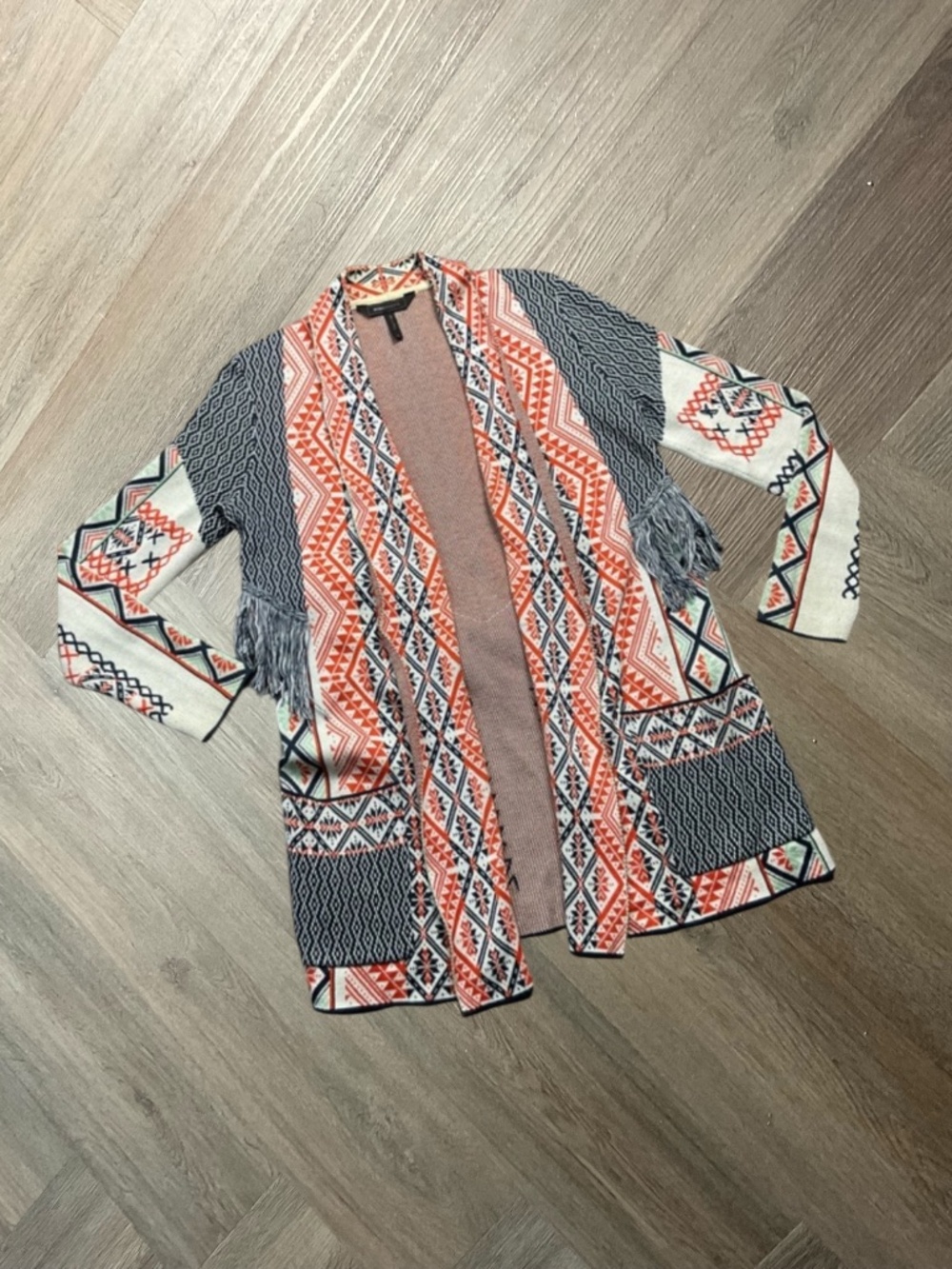 BCBGMAXAZRIA Amur Geometric Aztec‎ Boho Duster Fringe Cardigan Womens XS Orange